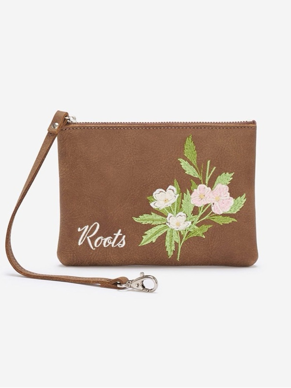 Roots Canada Tan Floral Embroidered Leather Wristlet Limited Edition